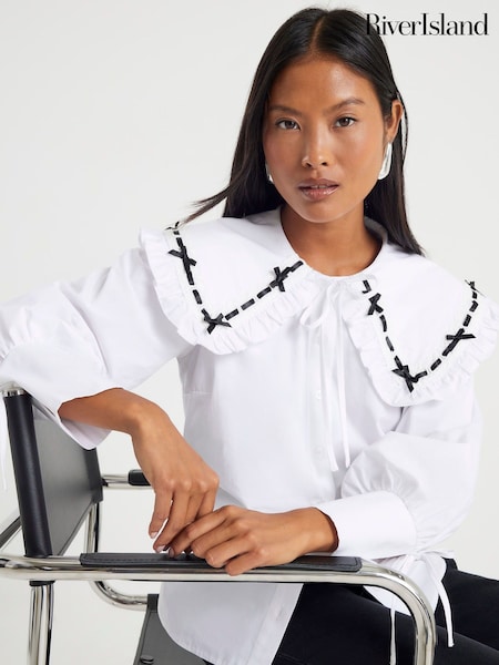 River Island White Petite Collar Trim Poplin Shirt (W92397) | £54