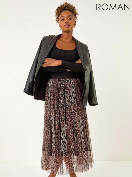 Roman Brown Animal Print Mesh Layered Skirt (W92688) | £42