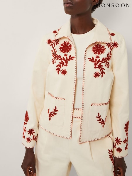 Monsoon Natural Emilia Floral Print Embroidered Jacket (W92820) | £99