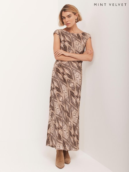 Mint Velvet Brown Geometric Print Midi Dress (W93308) | £140