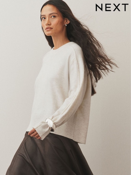 Ecru Crew Neck Knitted Jumper with Wool (W93375) | £22