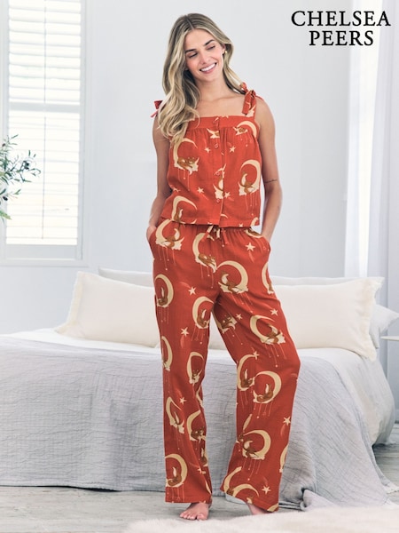 Chelsea Peers Orange Cotton Cheesecloth Lunar Foxes Cami Long Pyjamas Set (W93421) | £48