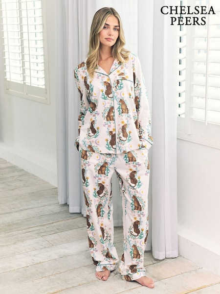 Chelsea Peers White Cotton Floral Leopard Print Long Pyjamas Set (W93426) | £55