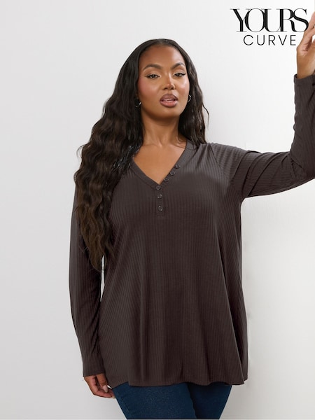 Yours Curve Brown Henley Ribbed Swing Blouse (W93506) | £22