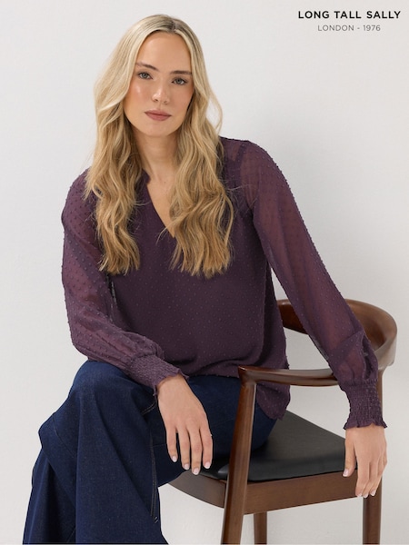 Long Tall Sally Purple Dobby Spot Shirred Cuff Blouse (W93509) | £28