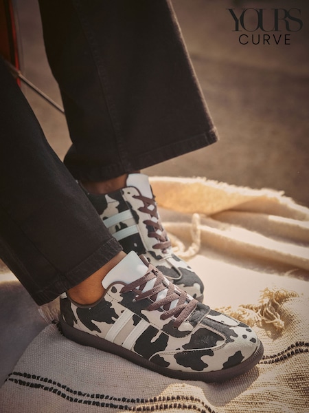 Yours Curve Brown Extra Wide Fit Cow Print Retro Stripe Trainers (W93512) | £34