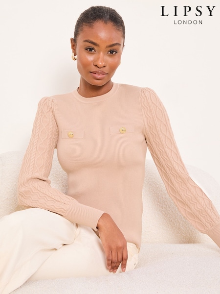 Lipsy Camel Cable Knit Detail Sleeve Crew Neck Buttoned Jumper (W93567) | £40