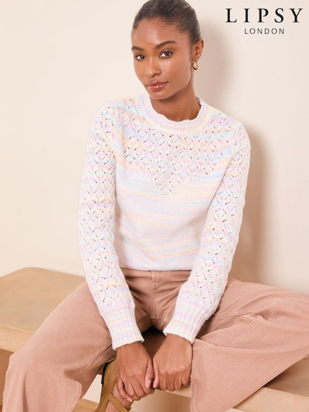 Lipsy Multicolour With Wool Pointelle Stitch Long Sleeve Crew Neck Knit Jumper (W93568) | £39