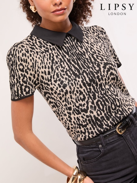 Lipsy Black/Brown Animal Leopard Print Collared Short Sleeve Knitted Top (W93575) | £39