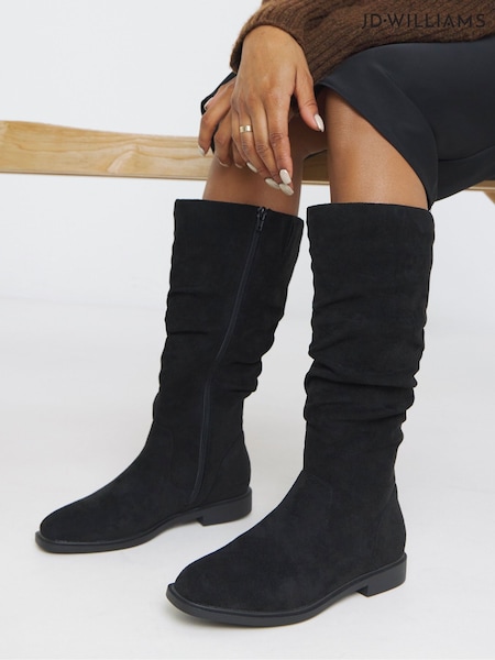 JD Williams Black Standard Fit Knee High Ruched Boots In Standard Calf (W93795) | £60