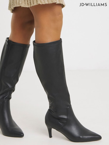 JD Williams Black Wide Fit Kitten Heel Knee High Sock Boots In Standard Calf (W93802) | £60