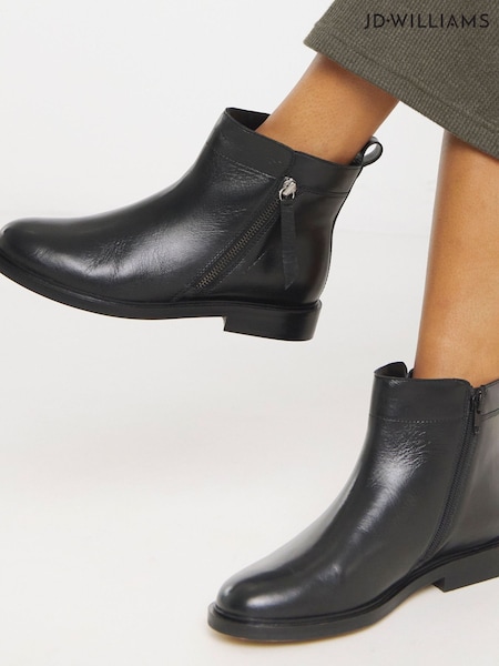 JD Williams Black Extra Wide Fit Side Zip Leather Ankle Boots (W93814) | £70