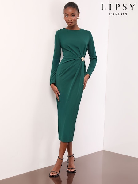 Lipsy Teal Blue Petite Long Sleeve Hardware Detail Bodycon Midi Dress (W93876) | £54