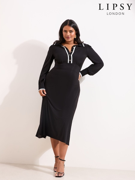 Lipsy Black Curve Tipped Collar Long Sleeve Midi Shirt Dress (W93892) | £56