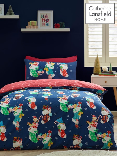 Catherine Lansfield Navy Christmas Elves Cotton Rich Duvet Cover Set (W94008) | £14 - £20