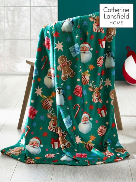 Catherine Lansfield Green Christmas Icons Cosy Fleece Blanket Throw (W94015) | £13