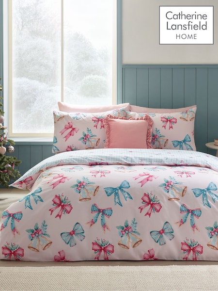 Catherine Lansfield Pink Christmas Bows And Bells Duvet Cover Set (W94048) | £17 - £28