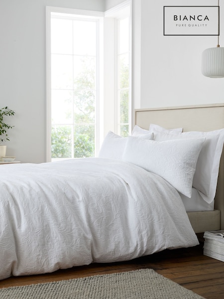 Bianca White Fleur Matelassé Jacquard Cotton Duvet Cover Set (W94049) | £45 - £80