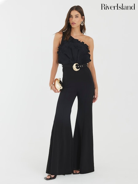 River Island Black 3D Trim One Shoulder Jumpsuit (W94207) | £79