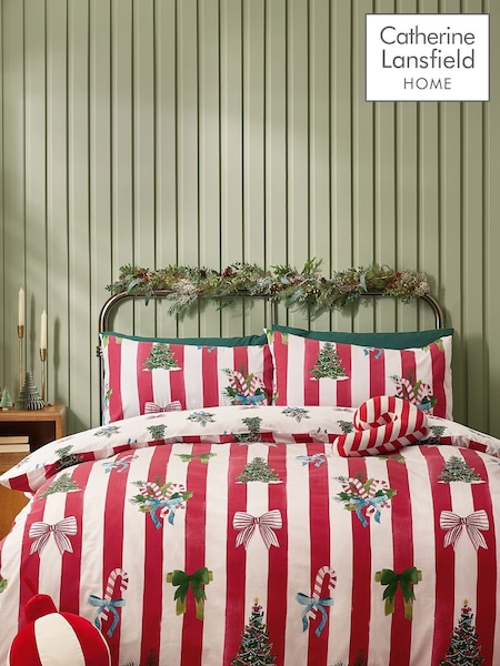 Catherine Lansfield Red Christmas Stripe Reversible Duvet Cover Set (W94246) | £17 - £35