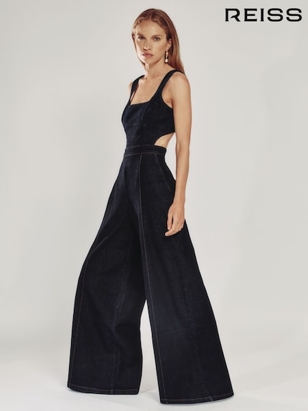 Reiss Dark Blue Dionna Wide-Leg Cut-Out Denim Jumpsuit (W94256) | £248