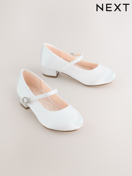 White Wide Fit (G) Stain Resistant Satin Mary Jane Flower Girl Heeled Shoes (W94550) | £24 - £31