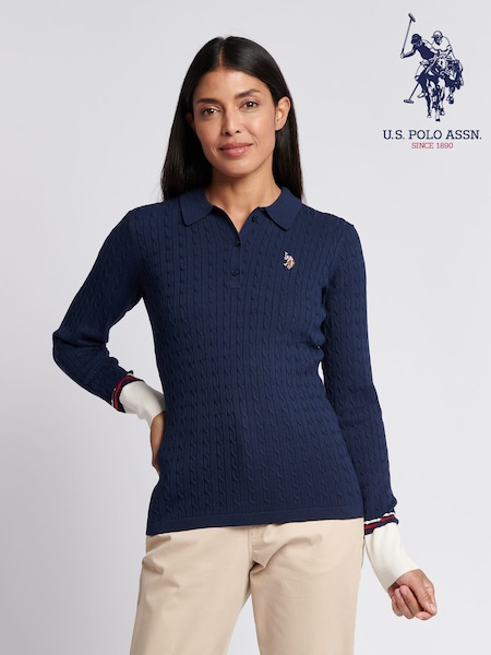 U.S. Polo Assn. Blue Fine Cable Knit Polo Shirt (W94678) | £75