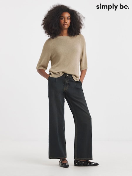 Simply Be Blue Pleat Detail Wide Leg Jeans In Vintage Wash (W94731) | £36