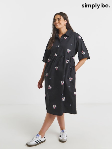 Simply Be Black Embroidered Shirt Dress (W94732) | £60