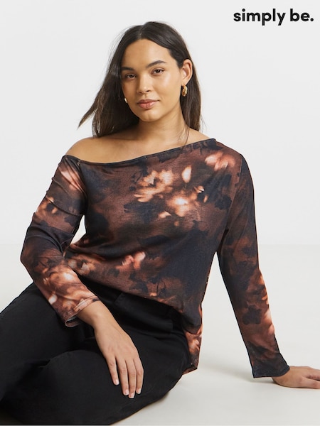 Simply Be Brown Asymmetric Shoulder Mesh Top (W94735) | £26