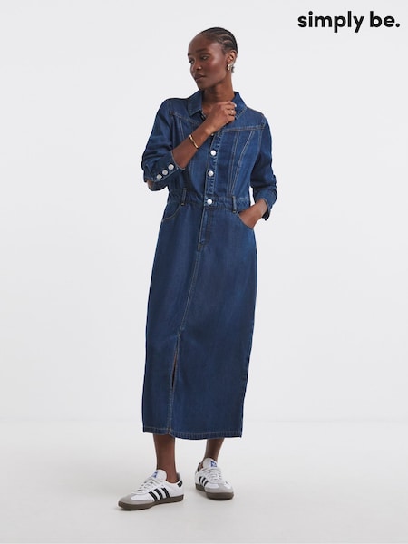 Simply Be Blue Lightweight Dark Wash Tuxedo Detail Midaxi Dress (W94751) | £60