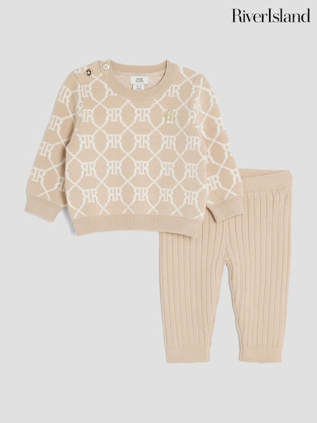 River Island Brown Baby Boys Monogram Knit Jumper Set (W94789) | £29