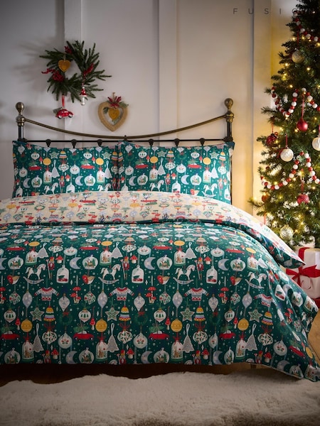 Fusion Green Christmas Ornaments Festive Print Duvet Cover Set (W94794) | £22 - £42