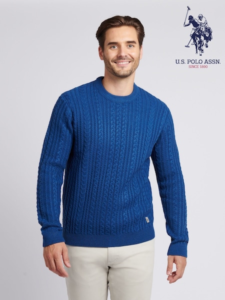 U.S. Polo Assn. Blue Mens Aran Knit Crew Jumper (W94822) | £75