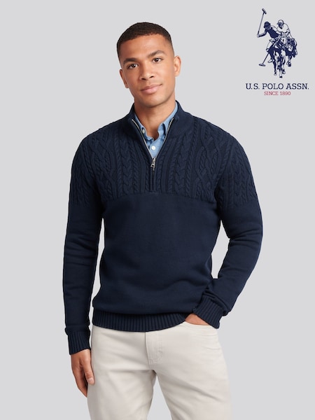 U.S. Polo Assn. Blue Mens Half Stitch Knit Funnel Cardigan Jumper (W94858) | £80