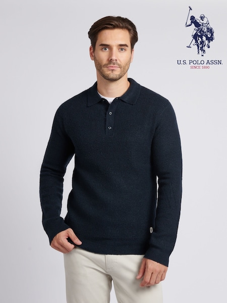 U.S. Polo Assn. Dark Blue Mens Brushed Knit Long Sleeve Polo Shirt (W94862) | £70
