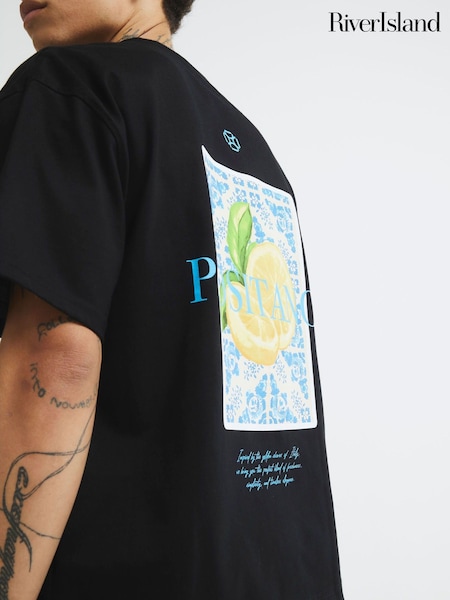 River Island Black Regular Fit Positano Lemon Print T-Shirt (W94925) | £26