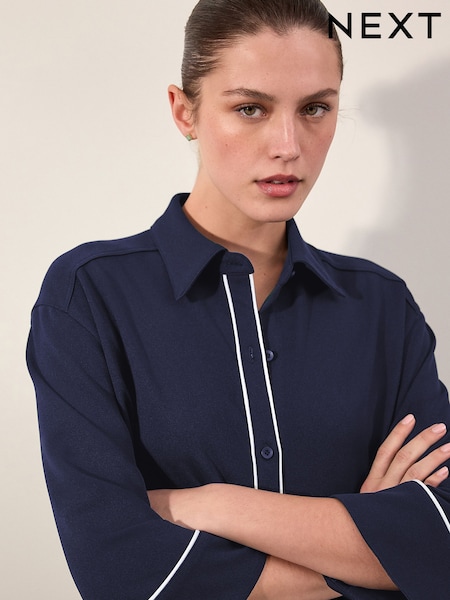 Navy Tipped Long Sleeve Polo Button Through Top (W95048) | £32