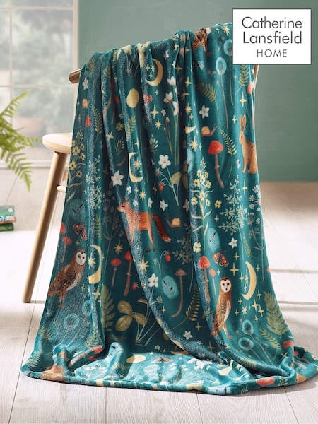 Catherine Lansfield Forest Green Enchanted Twilight Animals Cosy Blanket Throw (W95393) | £12