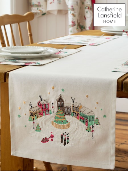 Catherine Lansfield Natural Christmas Town Cotton Dining Table Runner (W95400) | £13