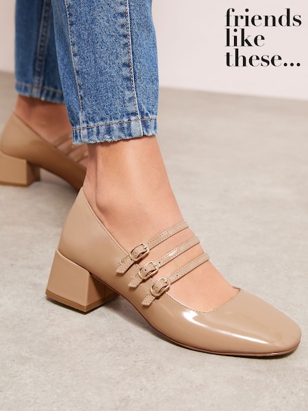Friends Like These Natural Standard Fit Triple Strap Low Block Heel Smart Mary Jane Court Shoes (W95444) | £36