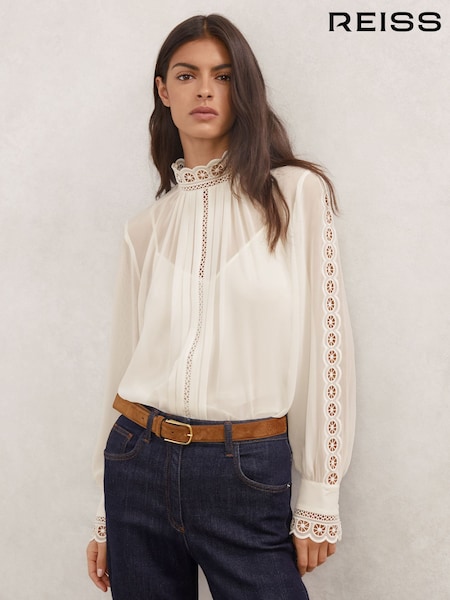 Reiss Cream Ori Lace-Trim Sheer Blouse (W95897) | £158