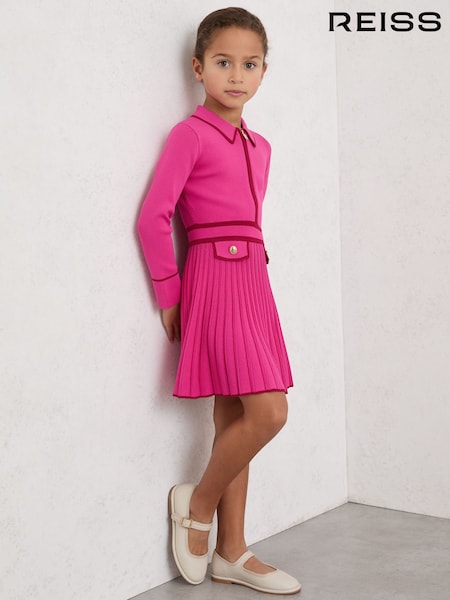 Reiss Bright Pink Anne 3-9 yrs Pleated Tipped Knit Dress (W95903) | £70