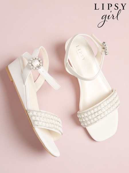 Lipsy White Satin Pearl Occasion Flower Girl Mini Wedge Sandals (W95978) | £29 - £33