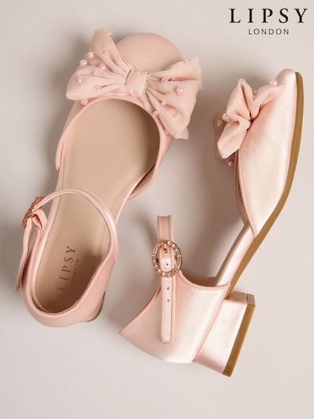 Lipsy Pink Standard Fit (F) Low Block Heel Pearl Bow Occasion Flower Heeled Sandals (W95979) | £29 - £33