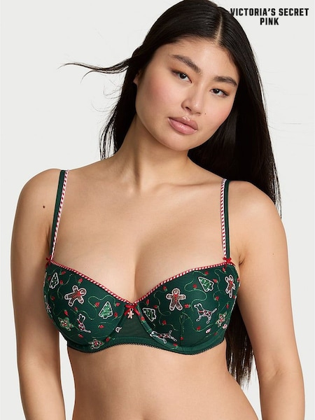Victoria's Secret Pink Forest Green Christmas Gingerbread Embroidery Bra (W96051) | £36