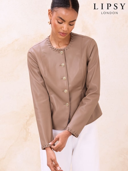 Lipsy Faux Leather Neutral Whipstitch Detail Collarless Jacket (W96124) | £66