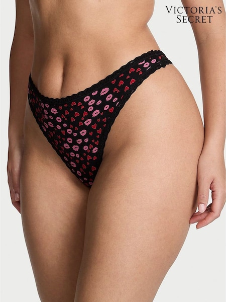 Victoria's Secret Black Kisses Thong Cotton Lace Trim Knickers (W96182) | £10