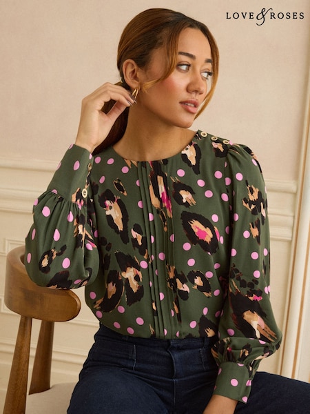 Love & Roses Khaki Green Animal Button Detail Pleated Crew Neck Blouse (W96389) | £32
