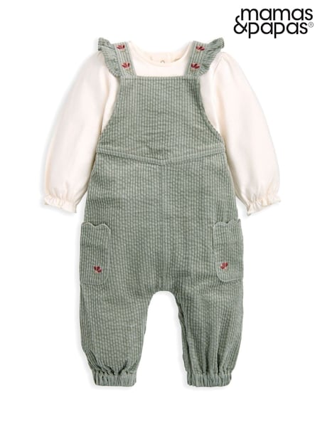 Mamas & Papas Green Embroidered Cord Dungarees and Bodysuit Set (W96687) | £32